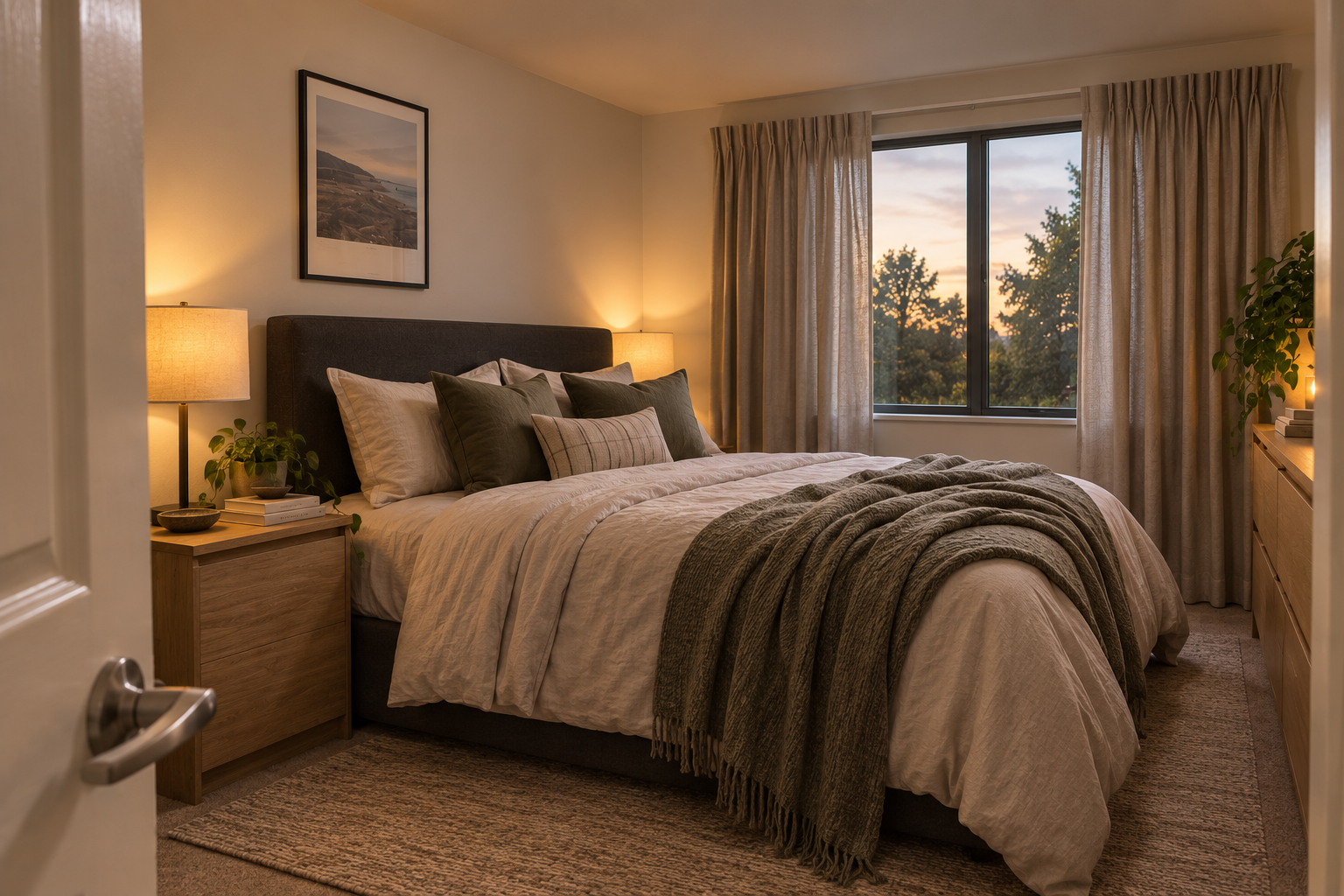 Same bedroom after restyling, warm and inviting