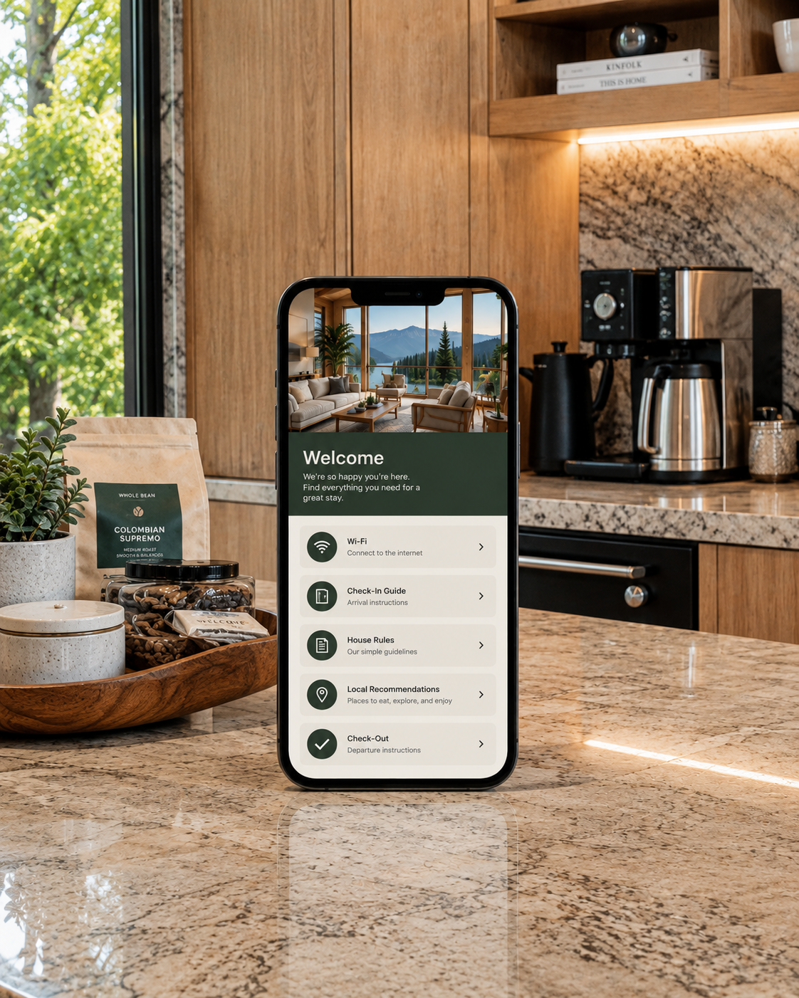 Phone standing on a kitchen counter showing the digital guest guide