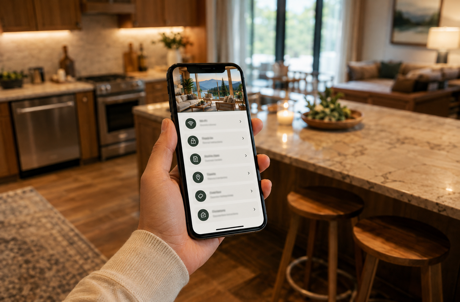 Phone held in hand showing the digital guest guide, kitchen in the background