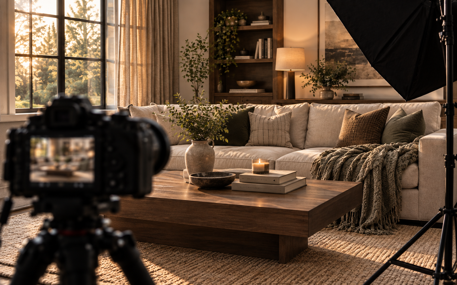 Photo shoot in progress with camera and lighting set up in a living room