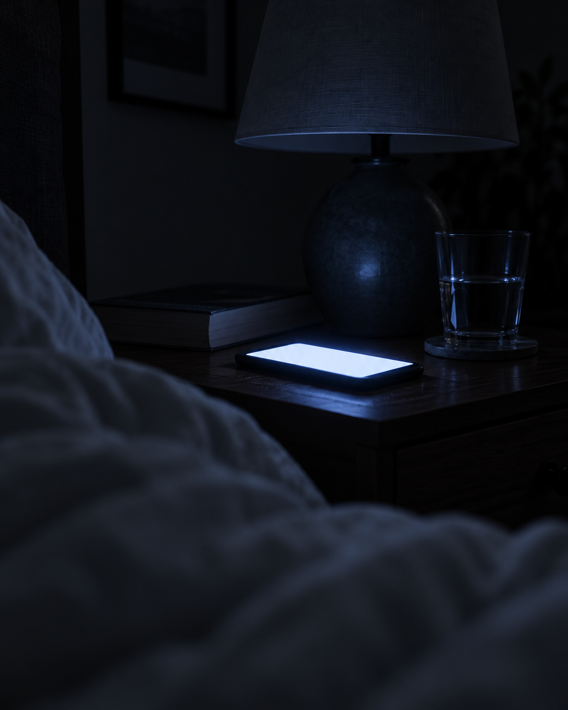 Dimly lit bedroom at night with a phone glowing on the nightstand