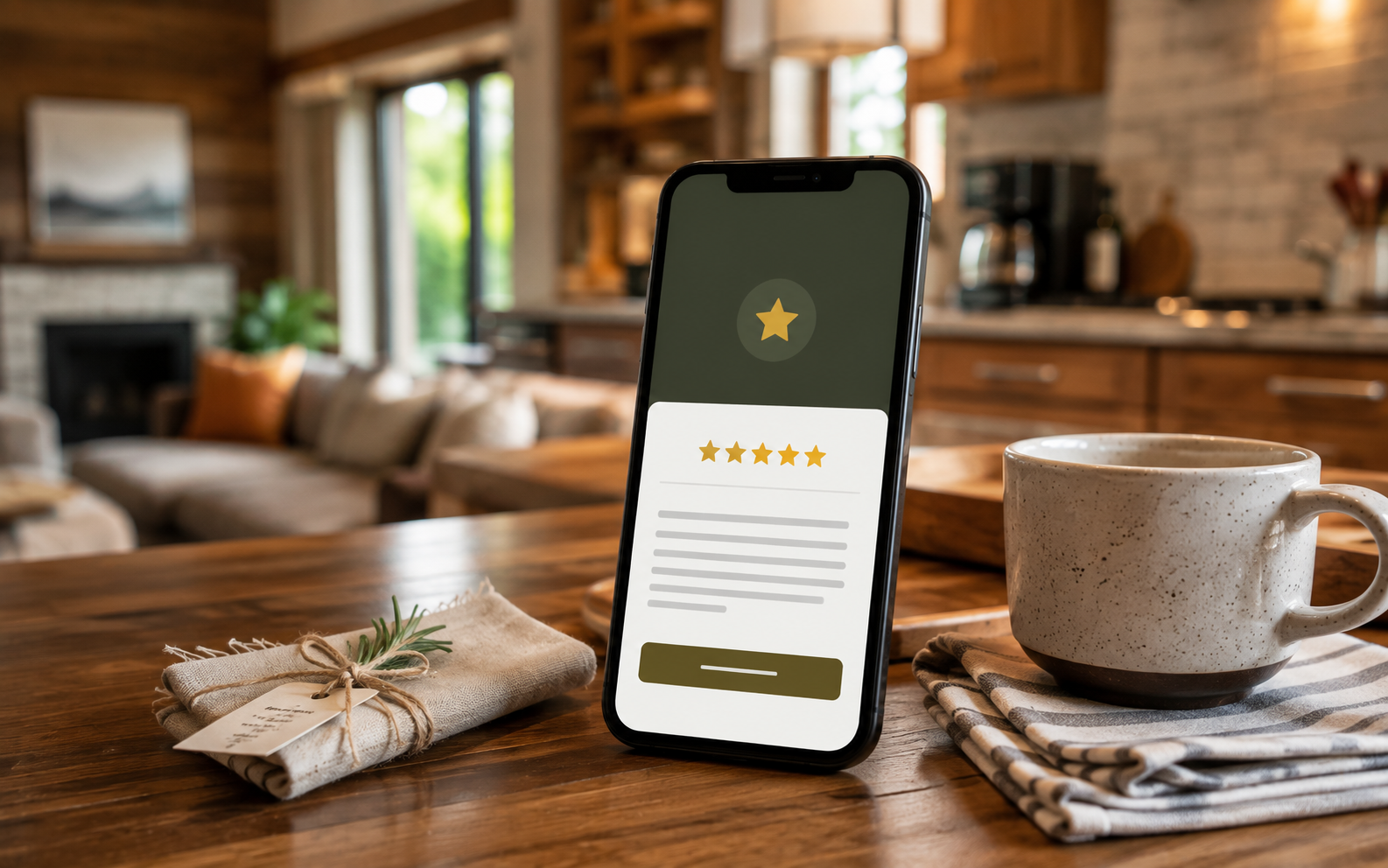 Phone showing a five-star review on a kitchen table