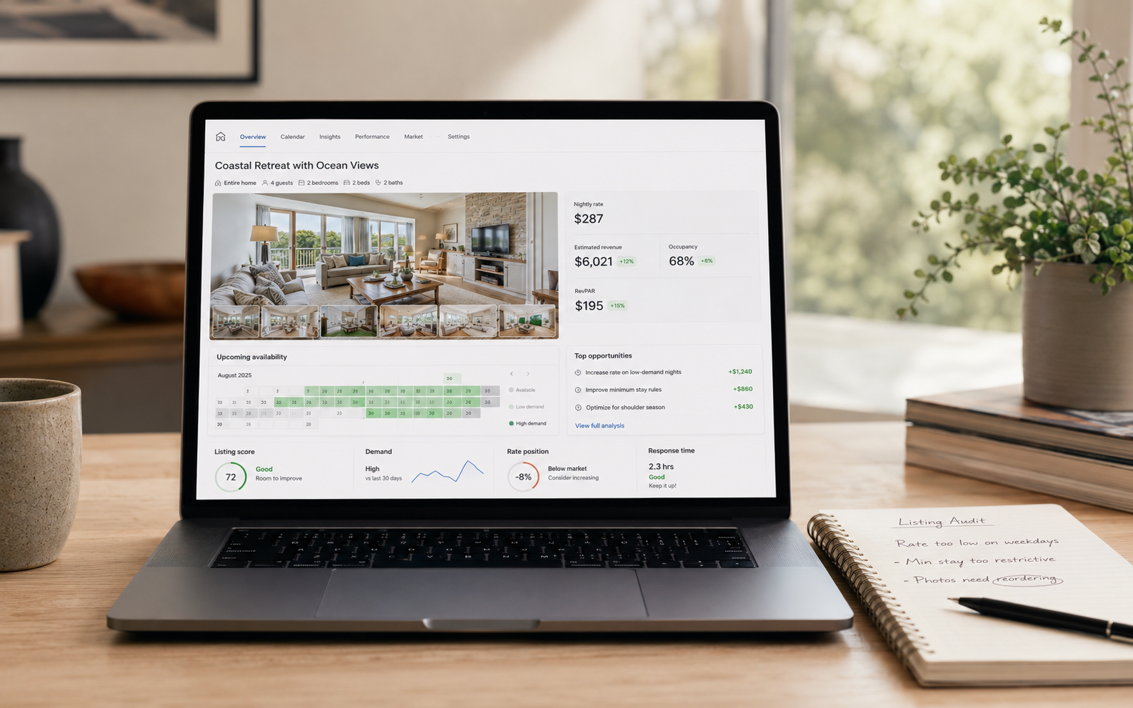 Laptop showing a listing audit with pricing and occupancy data